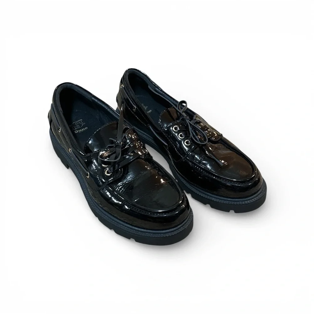 Dune London Patent Black Leather Cleated Boat Shoes - Size 7